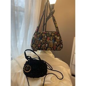 Two Beaded Evening Bags - La Regale Black Beaded Mini & Floral Handbag